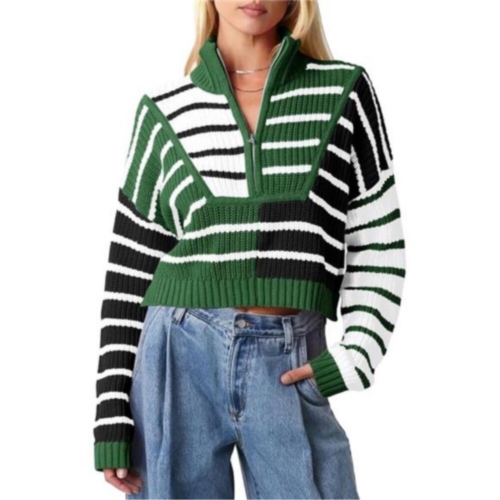 Womens Striped Cropped Sweater Color Block Zip Up Long Sleeve Mock